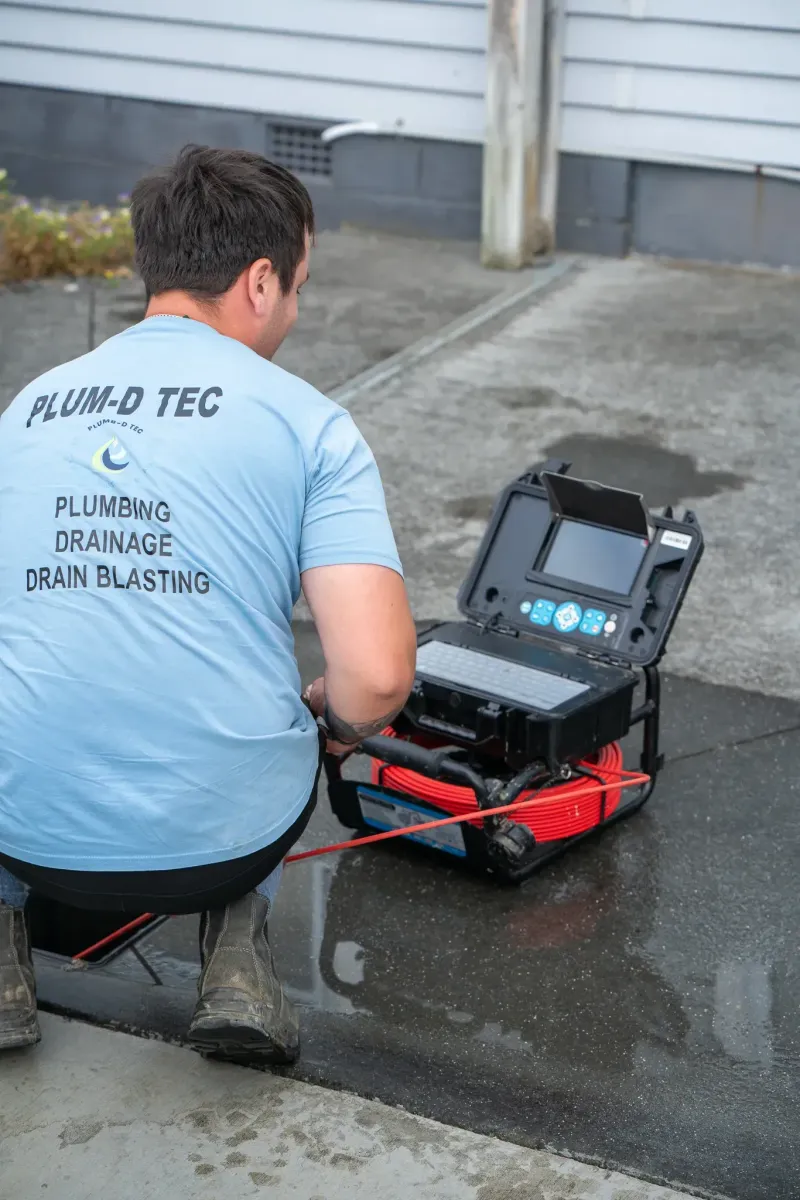 Plumb-D Tec team member using CCTV drain camera equipment on site in Auckland